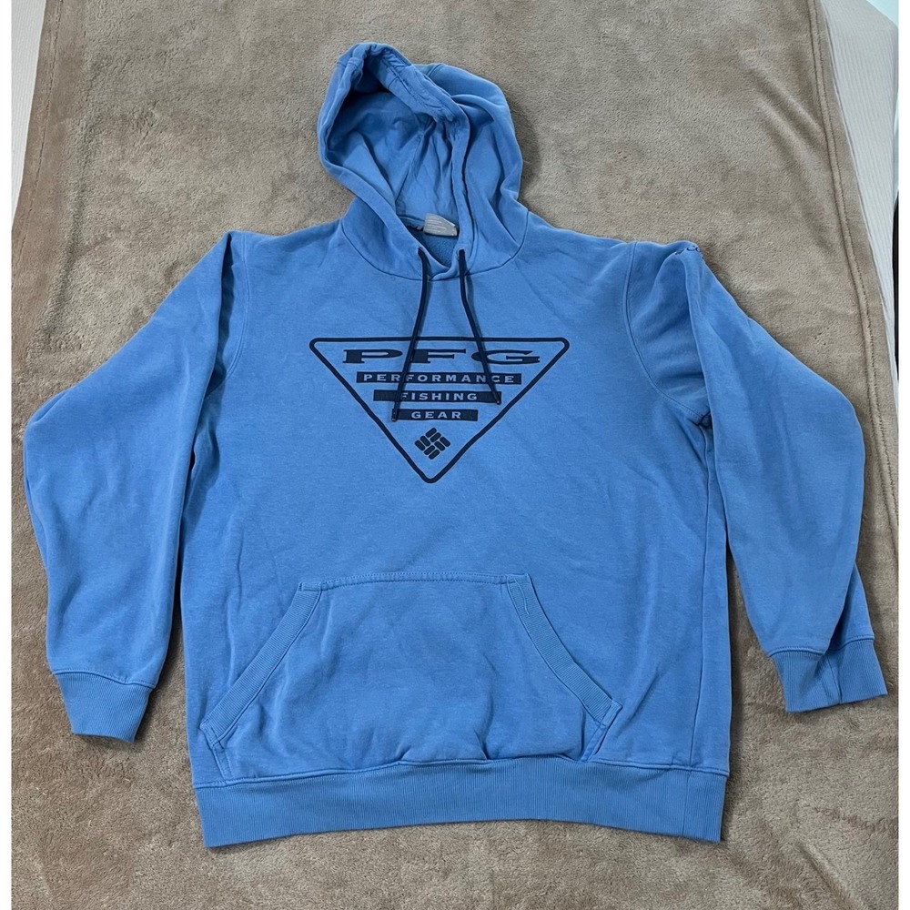 Columbia PFG Fishing Sweatshirt Men's M Blue Hooded Triangle ll PFG Graphic EUC